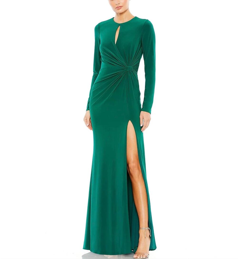 Mac Duggal 55708 Green Evening Gown Long Sleeve A-Line Long Formal Dress Size 6